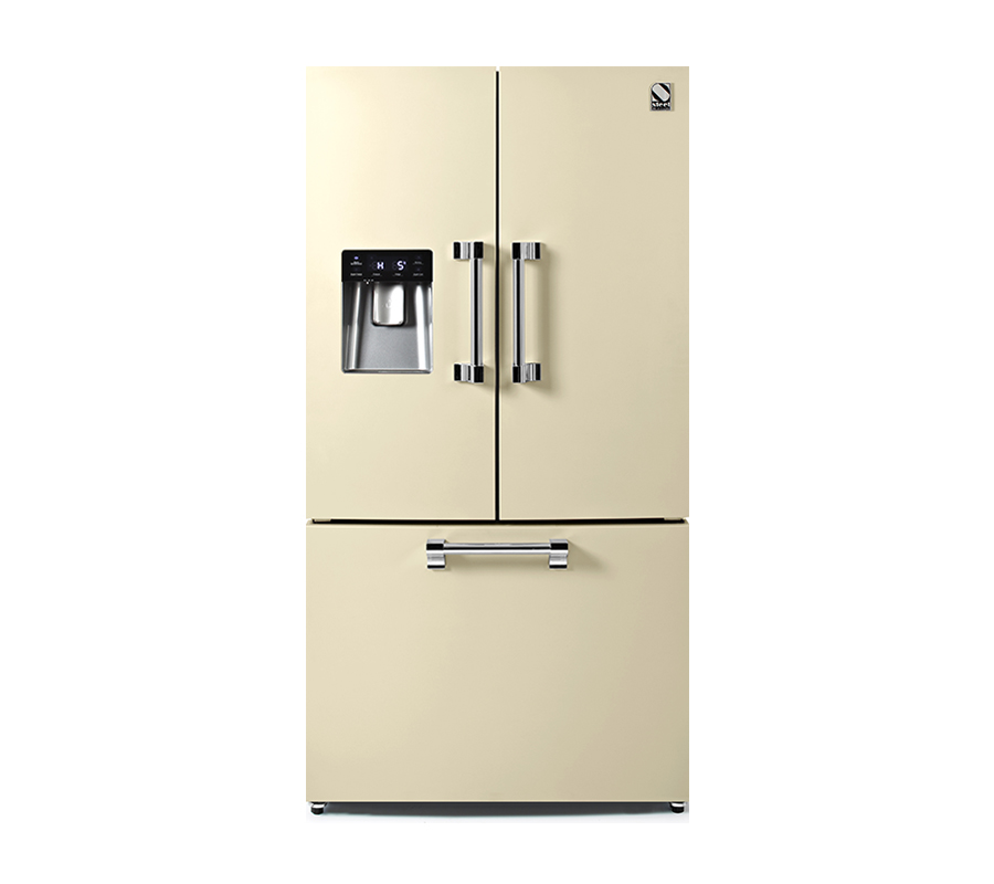 chladnička ASCOT, francúzsky typ dverí v krémovej farbe s chrómovými úchytkami